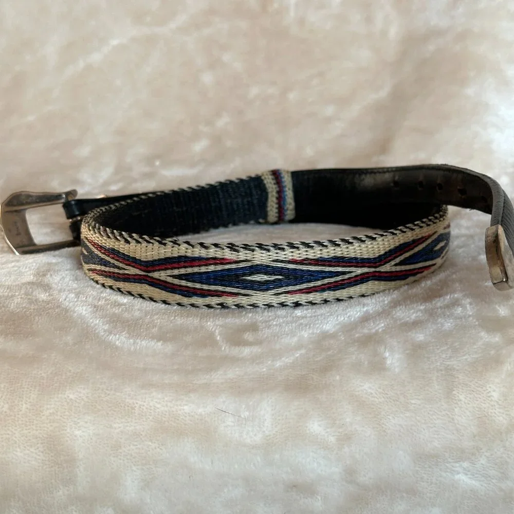 Southwestern Brass Buckle Woven Black Leather Strap Belt Women's 30